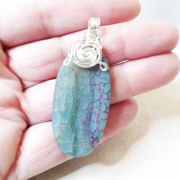 Gorgeous Dragonvein Agate Pendant with Wire Wrapped Bail - Blue Green Color Hues - Picture 3 of 8